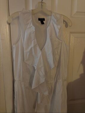 Ashley Stewart White V-Neck Ruffle Front Shirt